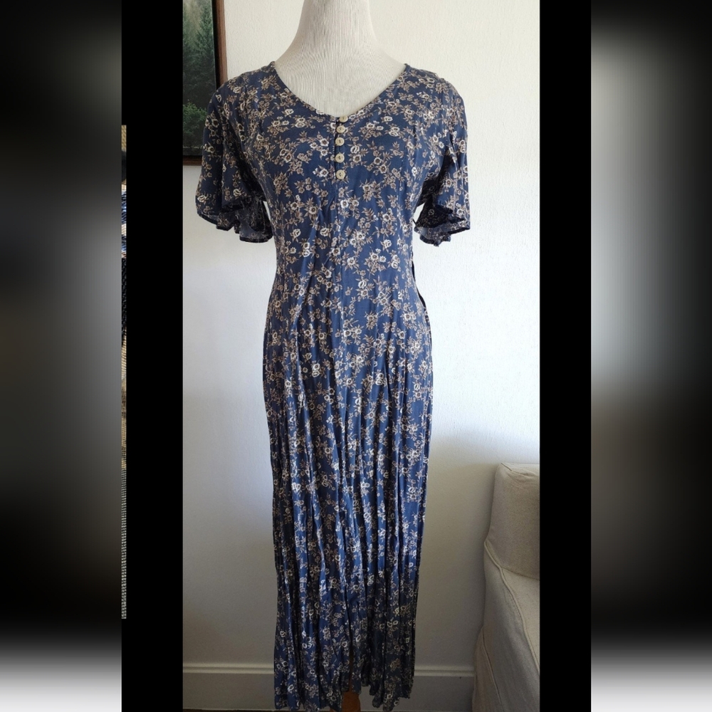 #81 Vintage All That Jazz Women's 90s Retro Blue Floral Maxi Long Dress Size M